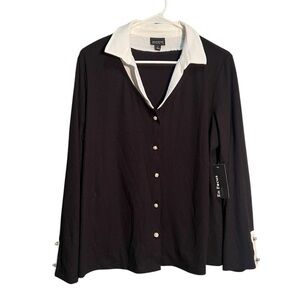 En Focus Studio Women's Sz Large Blouse Black White Collar Pearl Buttons Stretch